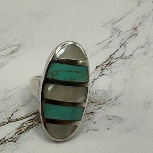 Turquoise, Mother of Pearl and Silver Striped Ring